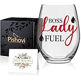 Pishovi Boss Lady Fuel Wine Glass with Gift Box, Unique Gifts for Women, Christmas Birthday Thank You Gifts for Coworker Wine Lover, Holiday Present for Female Entrepreneur Lady Boss Mom
