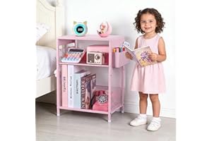 ECOLOVI Pink Kids Nightstand, 3-Tier Small Side Table for Small Spaces, Narrow End Table with Adjustable Storage Shelf, Girls Bedside Table for Toddler in Nursery, Living Room Sofa, Bedroom, Office