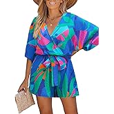 CUPSHE Women's Mini Romper Summer Beach Vacation Loose Fit Half Sleeve V Neck Resort Wear Tropical Holiday Short Jumpsuit