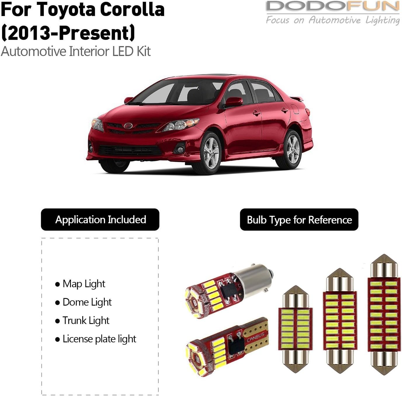 DODOFUN Deluxe Interior LED Light for 2013-Present Toyota Corolla (6-pc Bulb 6000k)