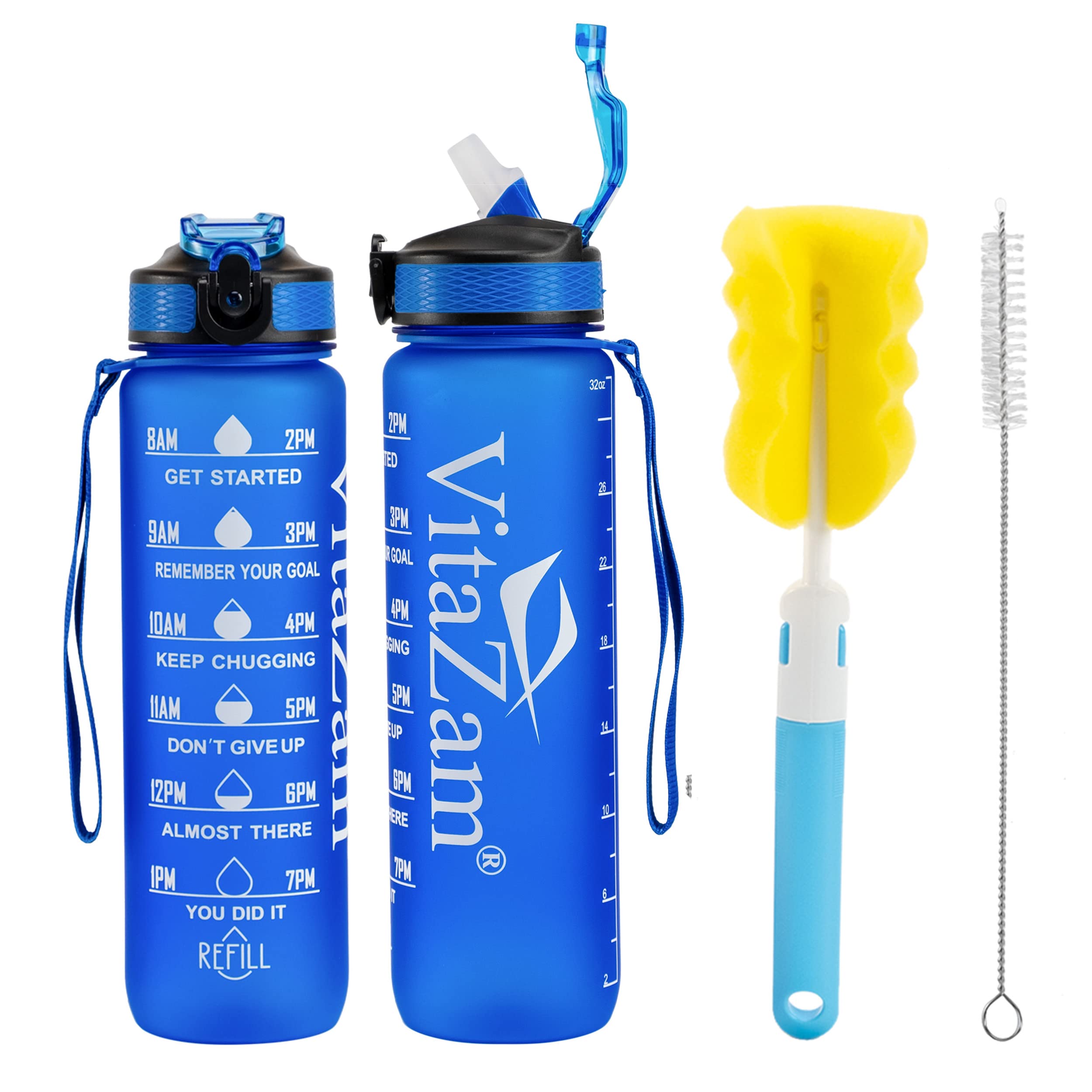 VitaZam 1 Litre Water Bottle, Motivational Water Bottle with Time Markings, BPA Free, Leak Proof Lock Cover with Straw and Bottle Brush, Bottle for Gym, School/Office, Sports and Outdoor