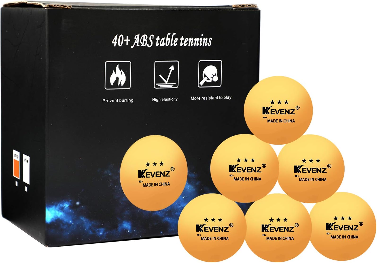 KEVENZ 60-Pack 3 Star Ping Pong Balls,Advanced Table Tennis Ball,Bulk Outdoor Ping Pong Balls (Orange, White)