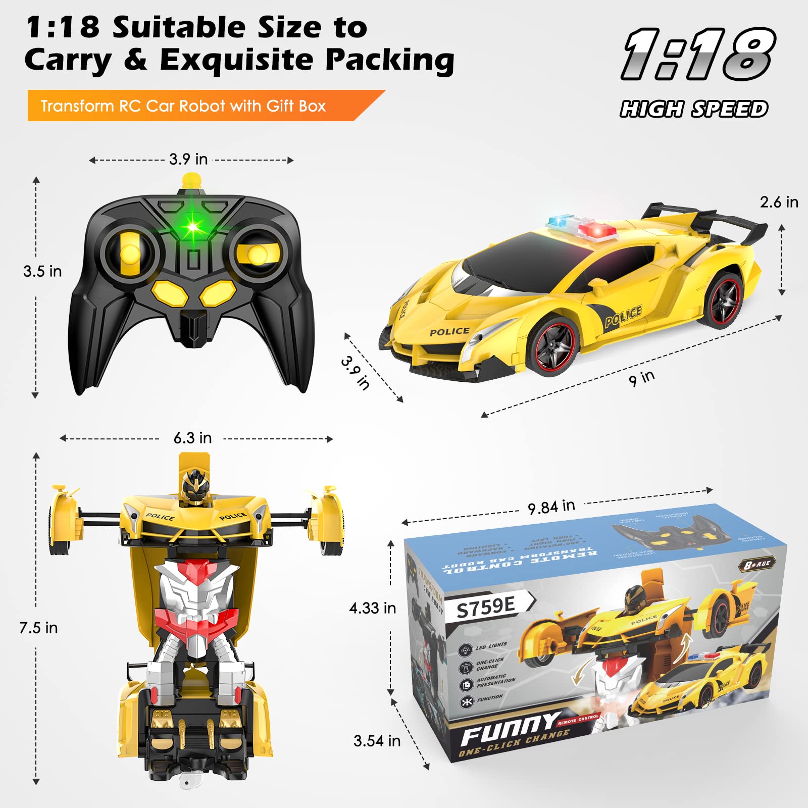 Febyhim Remote Control Car, 2.4Ghz Transform RC Cars, 1:18 Scale Police Car Toy with Flashing Light, One Button Transformation,360 Degree Rotating Drifting Toys for Boys Age 4-7
