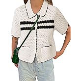 Yousify Womens Striped Short Sleeve Sweater Casual Knitted Button Down Crochet Cardigan Vintage Y2k Hollow-Out Tops
