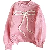 SHENHE Girl's Bow Sweater Jumper Crew Neck Long Sleeve Aesthetic Fall Cute Sweater Pullover