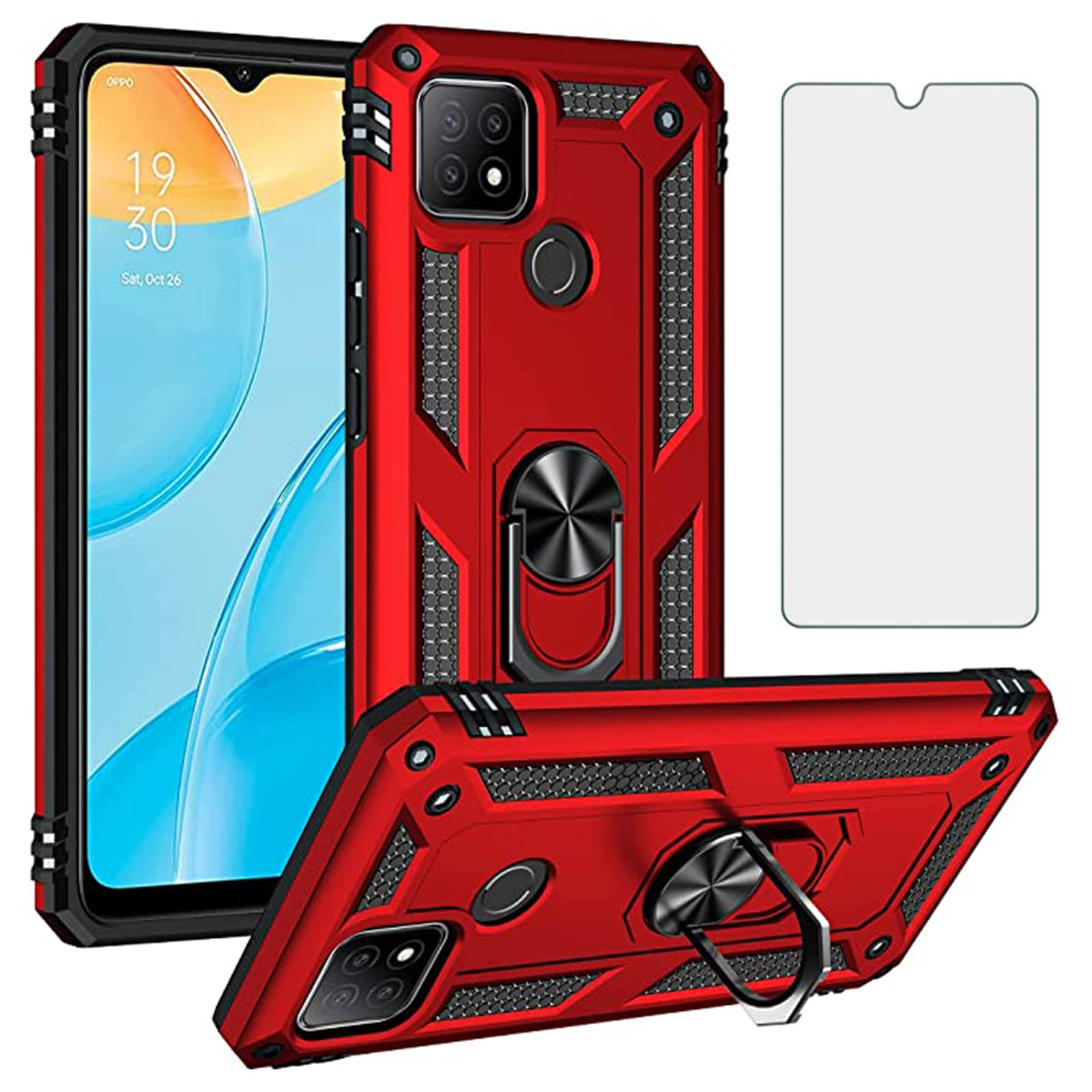 Asuwish Phone Case for OPPO A15/A15S/A35 with Tempered Glass Screen Protector Cover Stand Ring Holder Hard Magnetic Cell Accessories Heavy Duty Shockproof Kickstand OPPOA15 A 15 Women Men Red