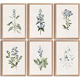 6Pcs Vintage Blue Wildflower Wall Art Blue Delicate Greenery Painting Picture Flower Bouquet Wall Decor Minimalism Flowers Po