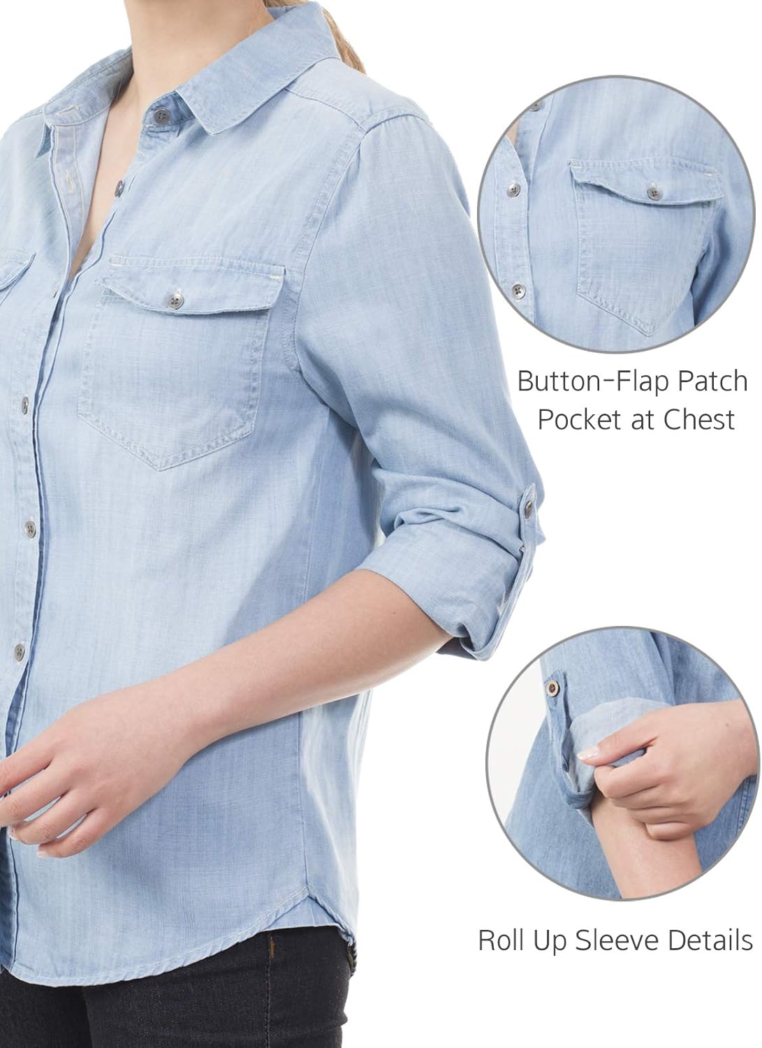MixMatchy Women's Casual Daily Long/Roll Up Sleeve Button Down Denim Chambray Shirt (S-3XL) at  Women’s Clothing store