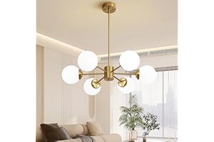 Deyidn Gold Sputnik Chandelier, Modern Chandeliers for Dining Room, Mid Century Ceiling Lighting Fixture 6-Lights with Milk White Glass Shade for Living Room, Kitchen, Bedroom, and Farmhouse
