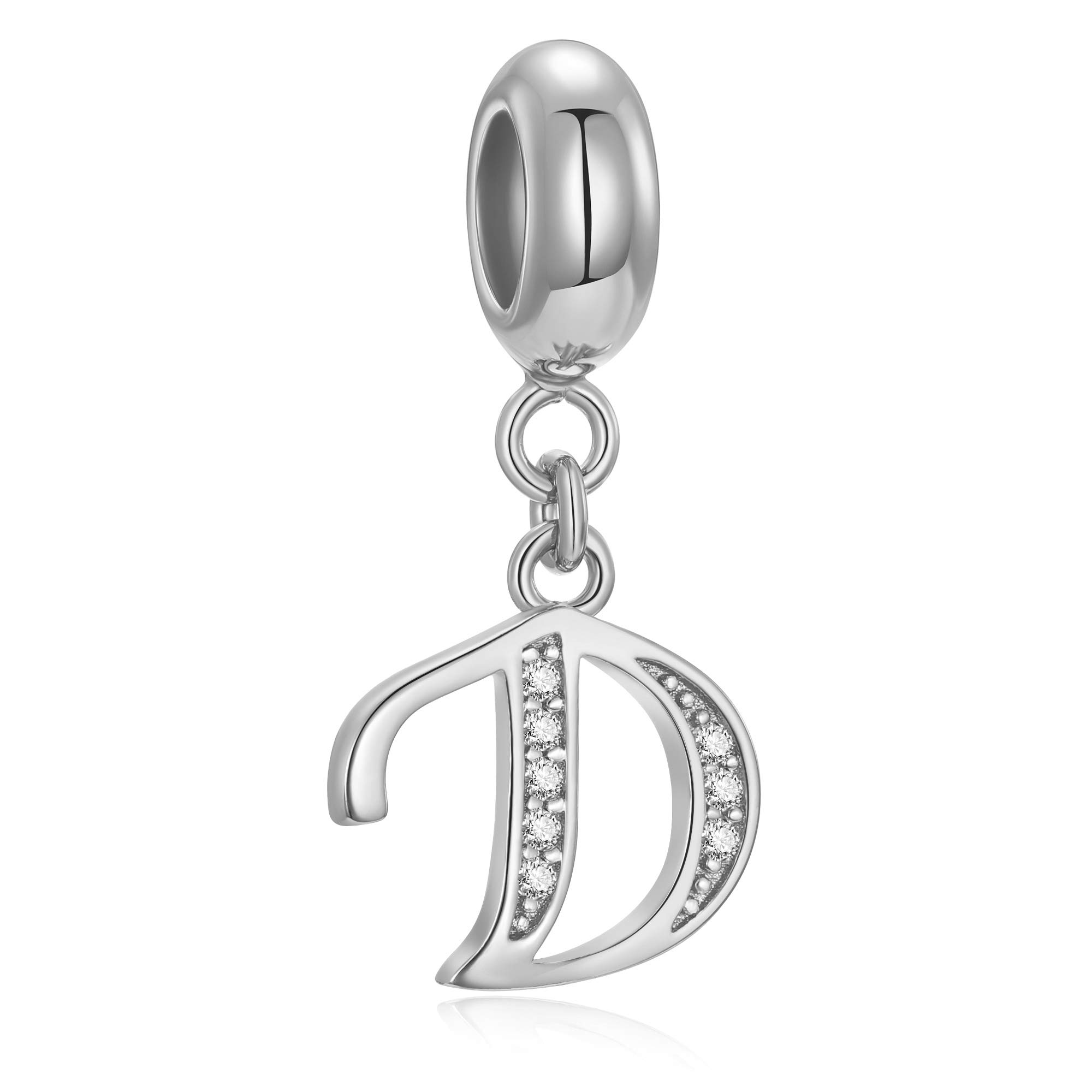 Genuine 925 Sterling Silver Letter Beads Initial A-z Dangle Alphabet Crystal Charm Fits European Bracelet Necklace (Letter D)
