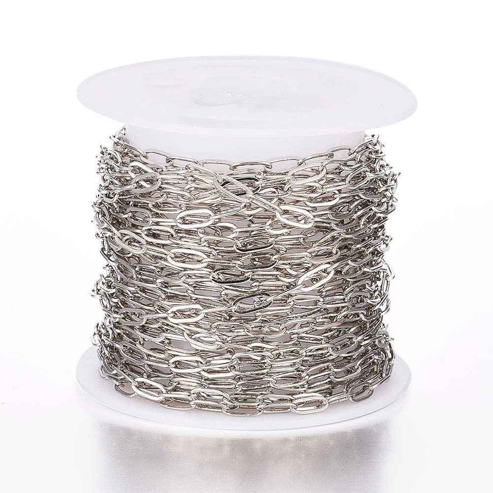 Beadthoven 16.4Ft Brass Paperclip Link Chains 6x2.6mm Flat Oval Soldered Drawn Elongated Cable Chains Platinum Plated with Spool for Bracelet Anklets Choker Jewelry Making