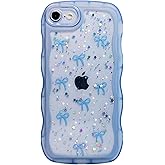 Qokey for iPhone SE(2020/2022) & 8/7 Case - Glitter Star & Curved Edge Handle Grip Design, Military-Grade Shockproof Clear TPU Cover, Sparkle Protection + Scratch-Resistant, Holographic Blue Bow