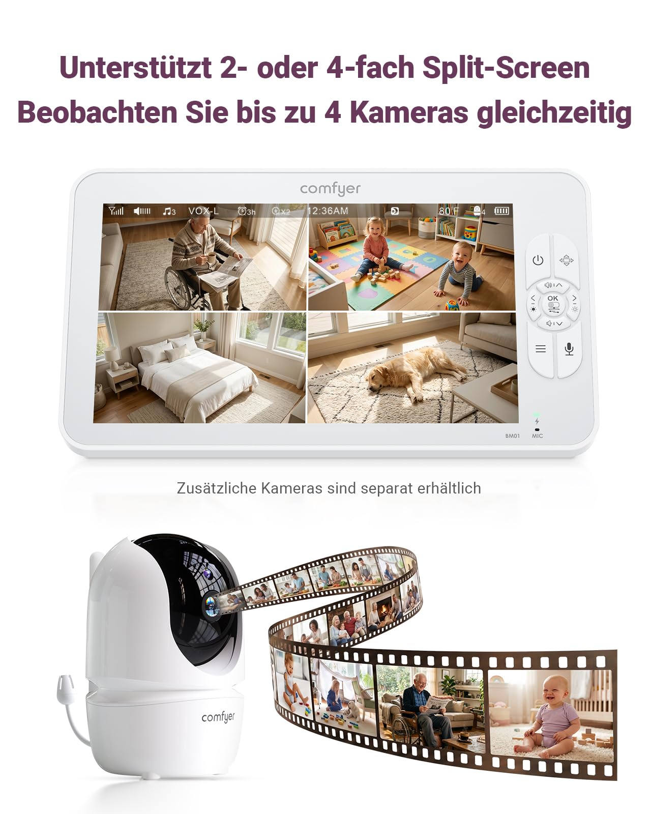 Comfyer BM01 Split-Screen Babyphone mit 2 Kameras, 7" HD 720P ohne WLAN mit Halterung, IR-Nachtsicht VOX-Modus mit Sound-Alarm 2-Wege-Audio 6000mAh 300M Reichweite Videoüberwachungsgerät 4