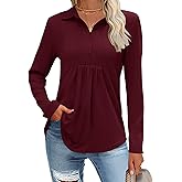 Romanstii Womens Long Sleeve Polo Shirts Pleated Collared Button-down Blouses Dressy Casual Fall Tunic Tops