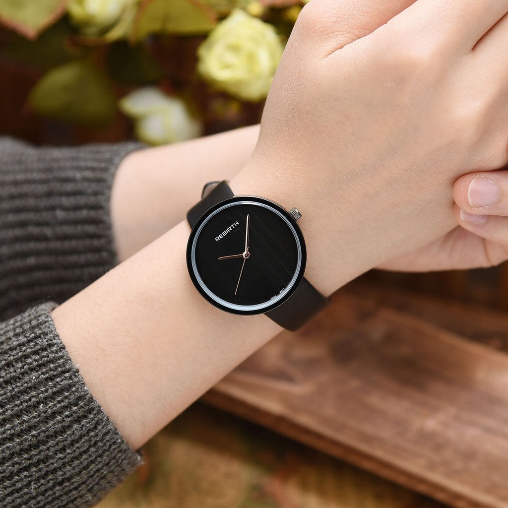 JSDDE Uhren,Elegant Armbanduhr Japanische Uhrwerk Ultra Dünn Gehäuse Gestreift Dial Lederband 3ATM Analog Qaurzuhr,Schwarz