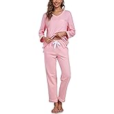 ANLIQI 100% Cotton Pajamas for Women Long Sleeve Fall Pajamas V Neck Top Sleepwear 2 Piece Pj Lounge Set with Pockets