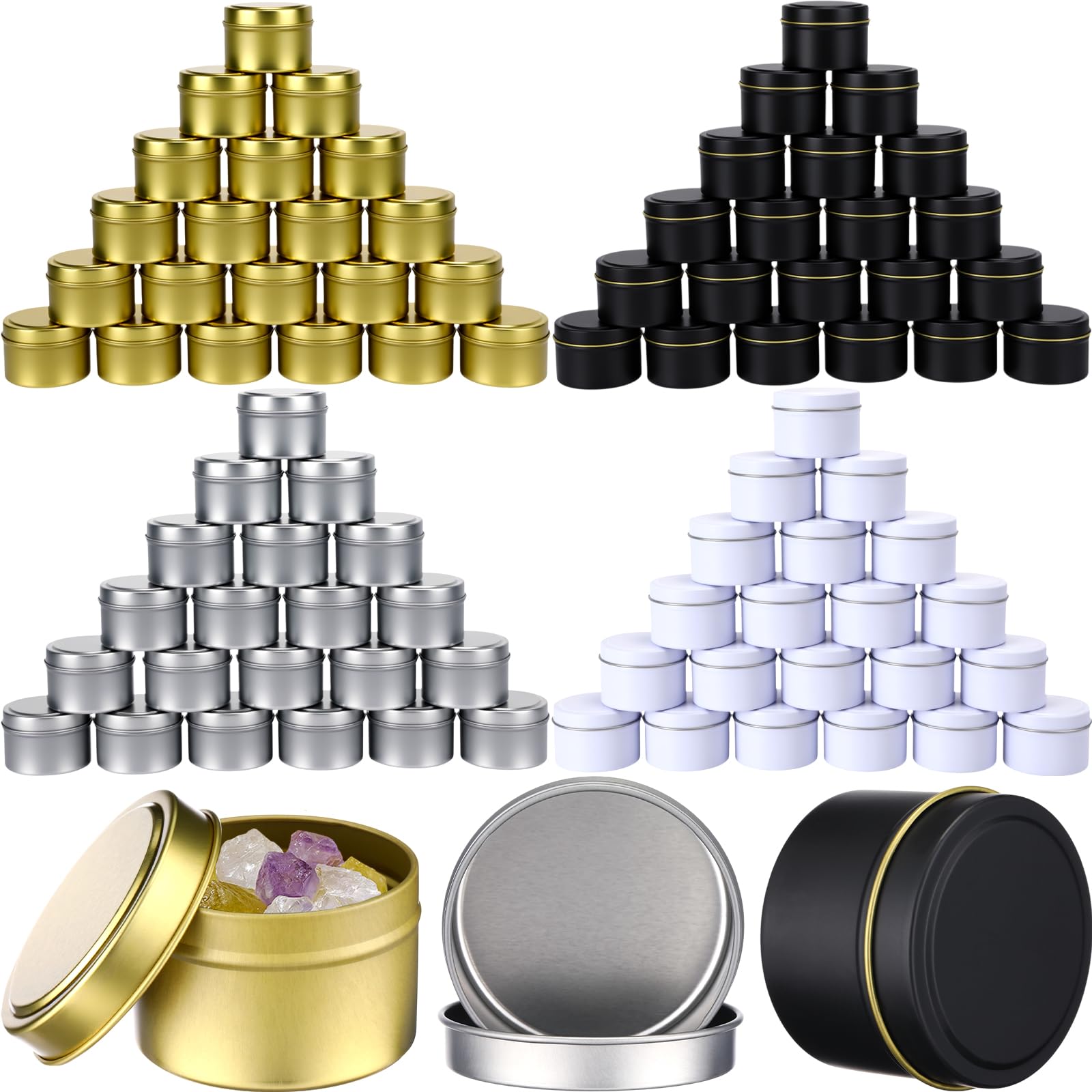 Photo 1 of Moxweyeni 100pcs 4oz Candle Tins with Lids, DIY Metal Candle Container Tins for Making, Salves, Candy Favors, Spices, Crafts, Christmas Gifts - 4 Colors