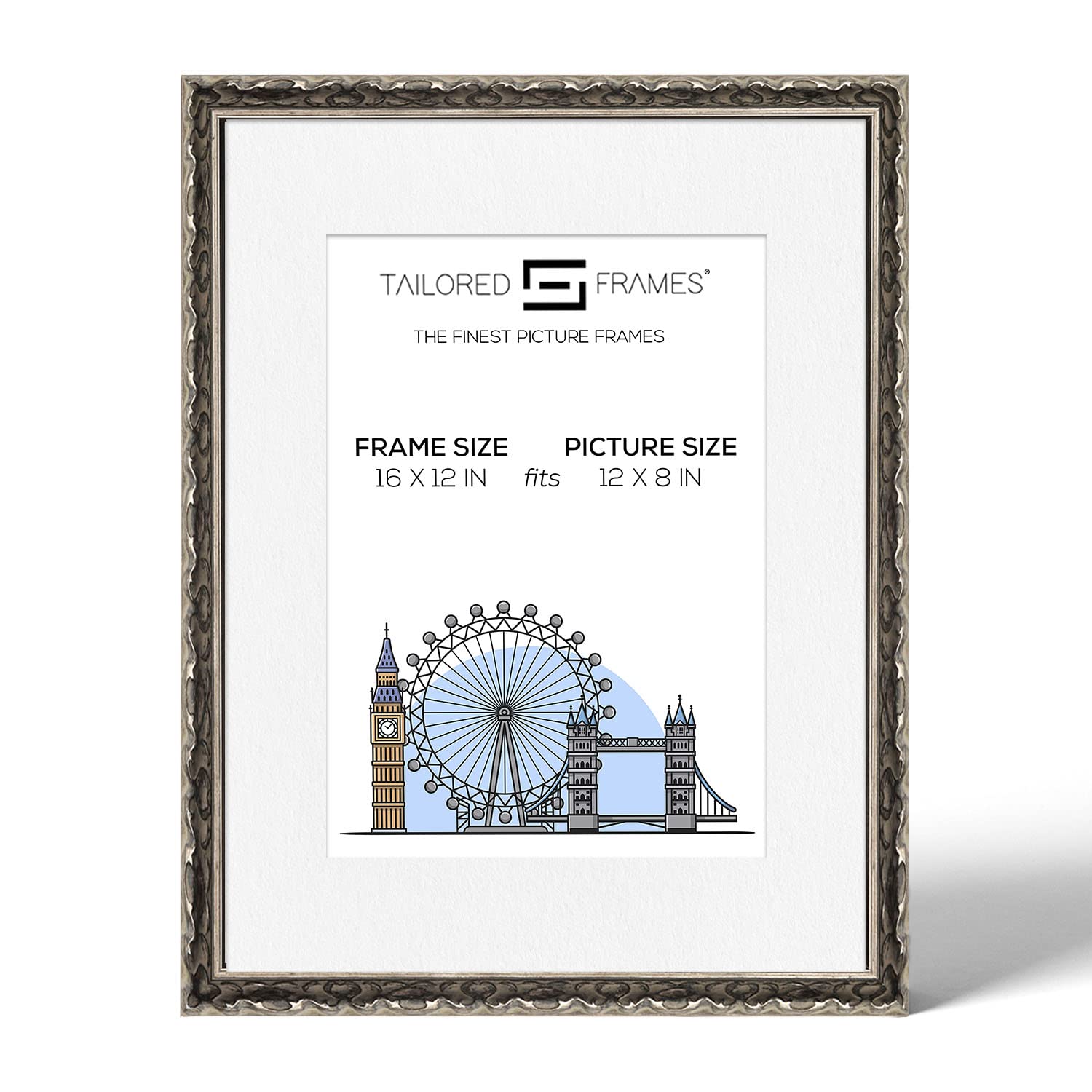 Tailored Frames Vienna Silver 16" X 12" Frame for 12" X 8" Picture | Rustic Style Vintage Single Picture Frame | Wall Hanging Type | Photo Frame with White Mount