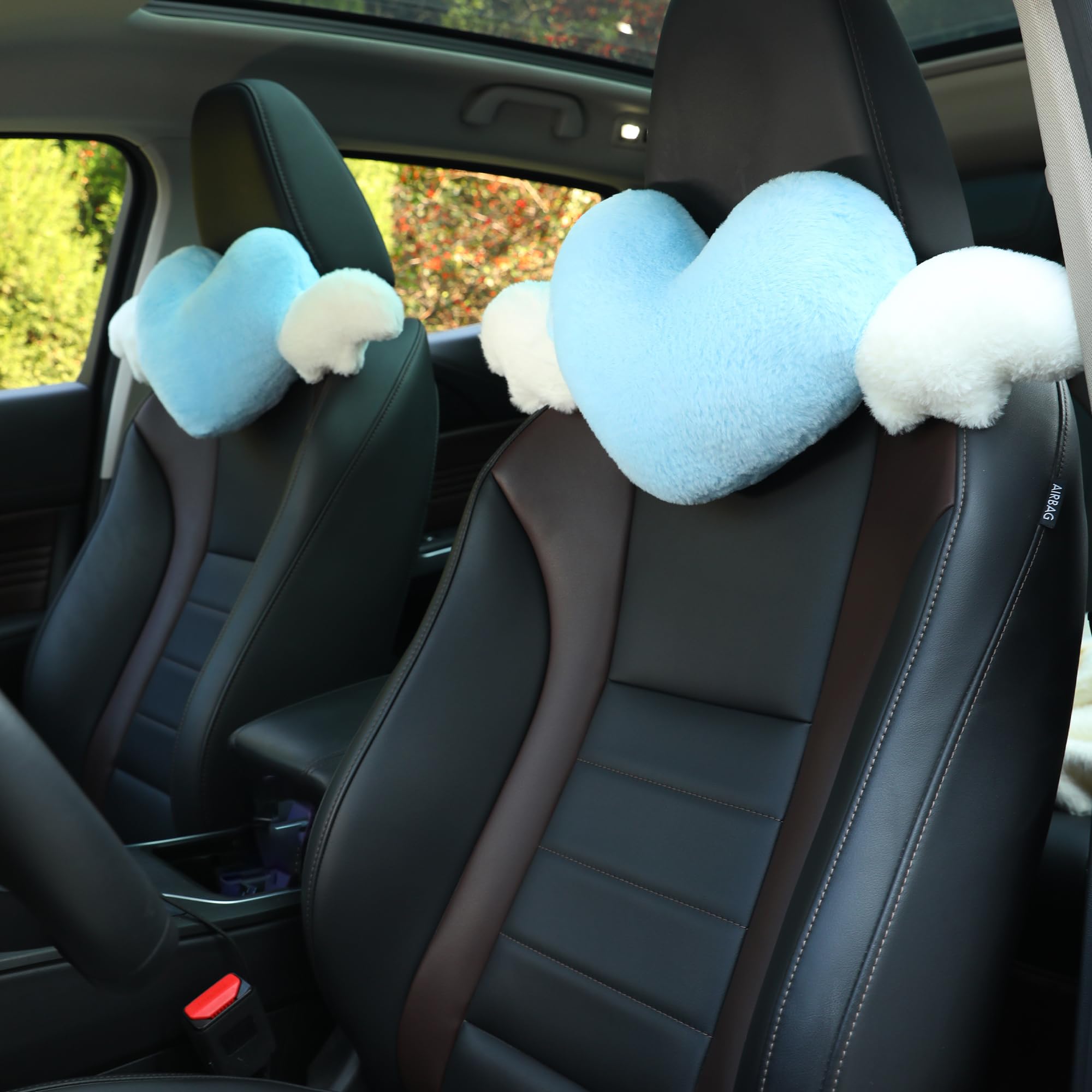 Photo 1 of 2 Pack Heart Shaped Cute Car Headrest Pillow with Angel Wings - Comfortable Soft Head Rest Cushion Kawaii Car Accessories Neck Pillow for Driving Travelling Office Home Decor - Light Blue Love Heart
