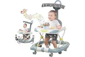 DARE TOBE Baby Walker, 4 in 1 Baby Walker with Wheels, Variable Rocking Horse, Walker for Baby boy Adjustable Height (8-17in) and Width, Baby Walkers for Boys, Foot Pads/Handles, Portable Foldable (Blue)