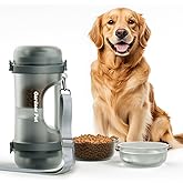 Gardner Pet Portable Dog Water Bottle&Food Container (49.6oz) – Leakproof Travel Water Bottle for Medium/Large Dogs (30+ lbs) Hiking, Camping, Beach – 2 Collapsible Bowls & Shoulder Strap (Grey)