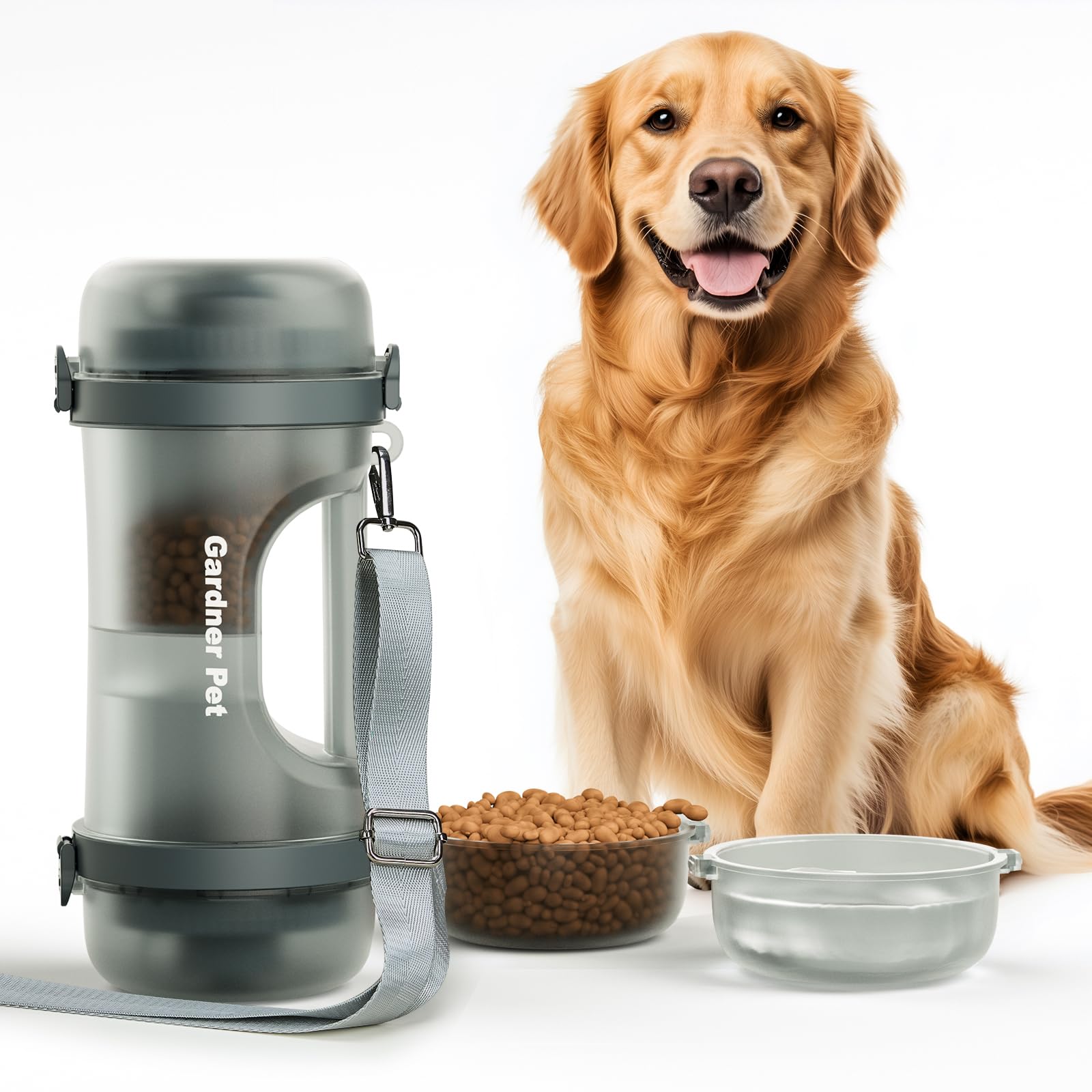 Photo 1 of Gardner Pet Portable Dog Water Bottle&Food Container (49.6oz) – Leakproof Travel Water Bottle for Medium/Large Dogs (30+ lbs) Hiking, Camping, Beach – 2 Collapsible Bowls & Shoulder Strap (Grey)