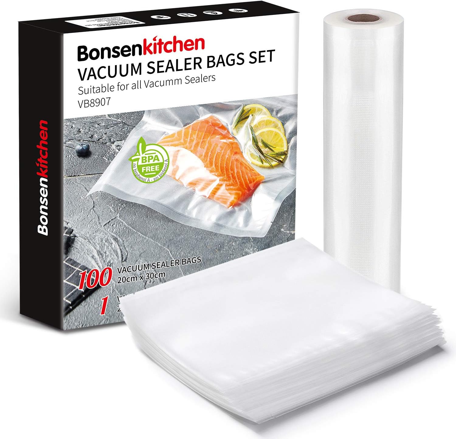 Bonsenkitchen Sac Sous Vide Alimentaire Gaufrés 20x30cm 100 Sachets + Rouleau Gaufrés de Sous Bonsenkitchen Sac Sous Vide Alimentaire Gaufrés 20x30cm 100 Sachets + Rouleau Gaufrés de Sous
