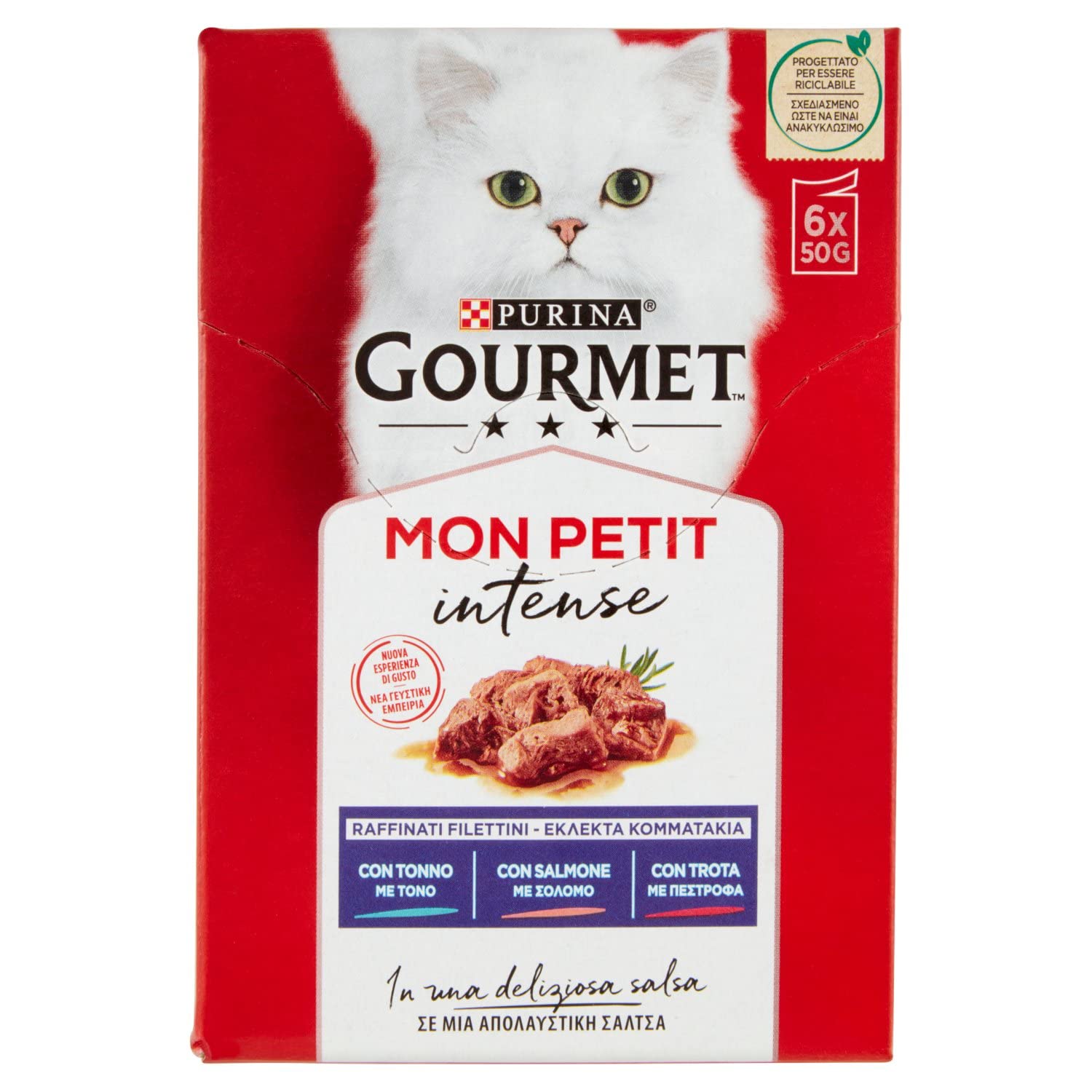 Gourmet Mon Petit Cat Food, Small Portions in 3 Flavours (Tuna, Salmon, Trout) - 6 x 50-gram Sachets (300 Grams)