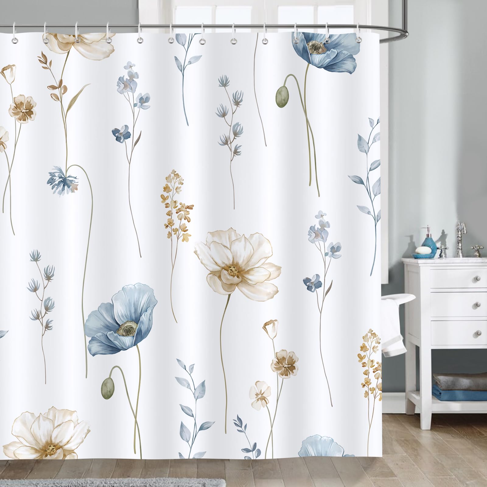 Bonhause Watercolor Floral Shower Curtain Blue Beige Flowers Leaves Bathroom Curtain 180 x 180 cm Waterproof Mildew & Mould Resistant Polyester Fabric Bath Curtain with 12 Hooks