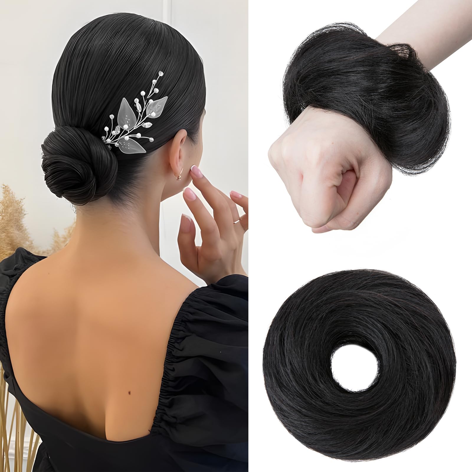 Elailite Hair Buns Hair Piece Real Human Hair Straight - Updo Scrunchies Hair Extensions Donut Hair Chignons For Women - #01 Jet Black — image 1