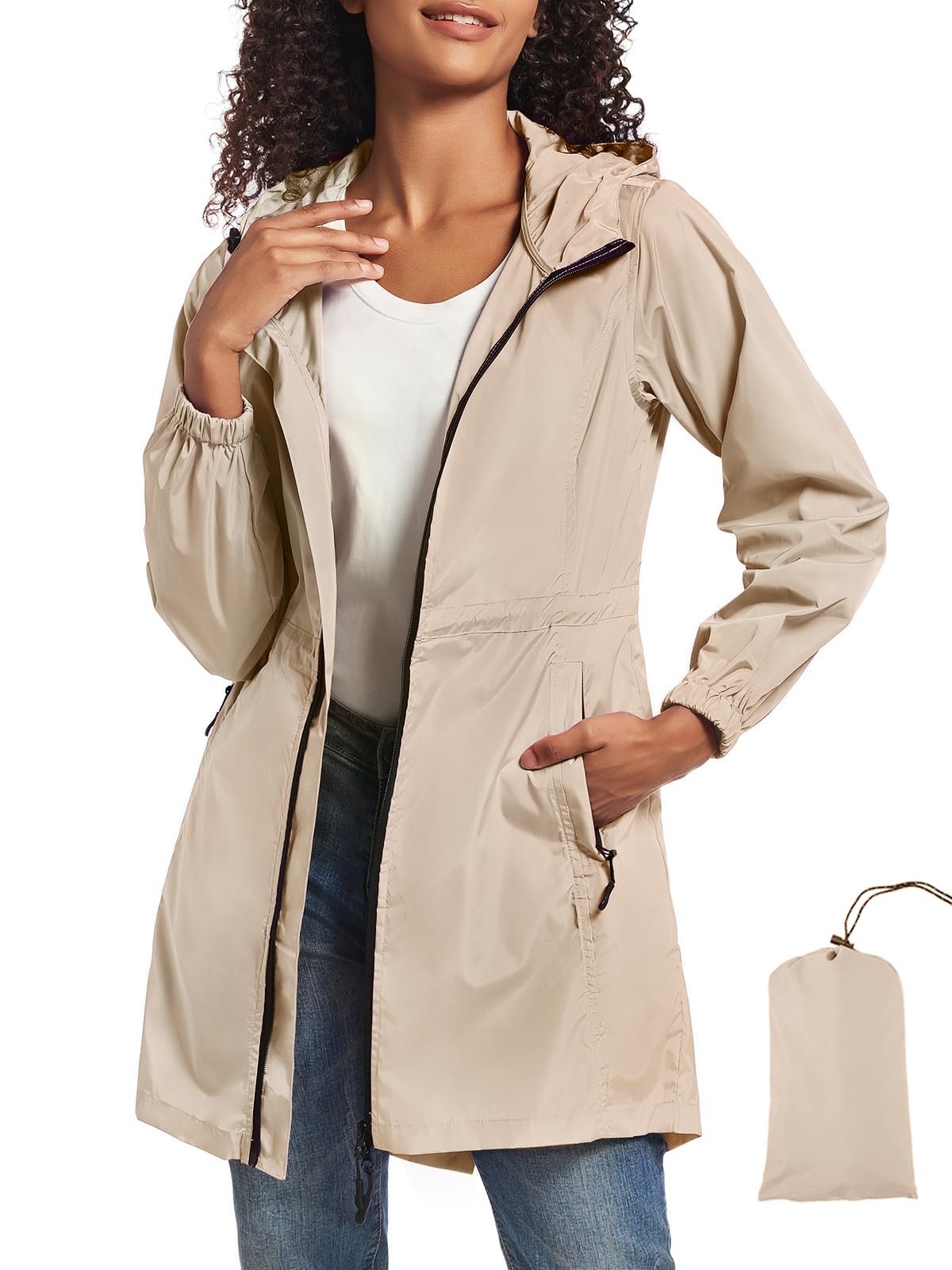 Photo 1 of (large) SaphiRose Women's Long Packable Raincoat Waterproof Rain Jacket Lightweight Outdoor Windbreaker with Hood (Beige,L)