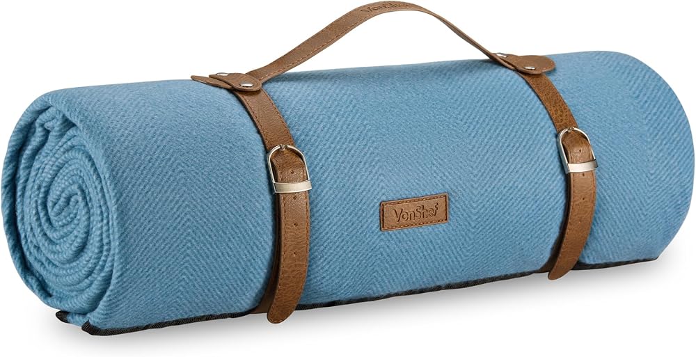 VonShef Picnic Blanket Blue Herringbone Large 220x200cm Waterproof Backing