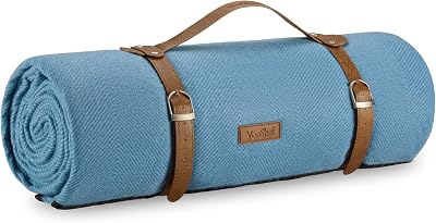 VonShef Picnic Blanket Blue Herringbone Large 220x200cm Waterproof Backing