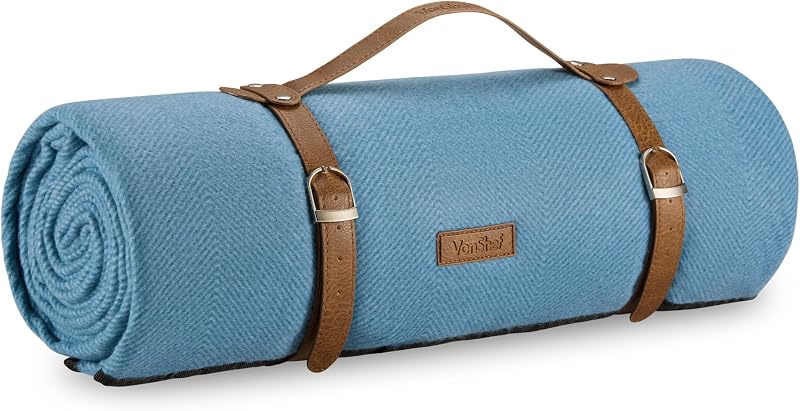 VonShef Picnic Blanket Blue Herringbone Large 220x200cm Waterproof Backing