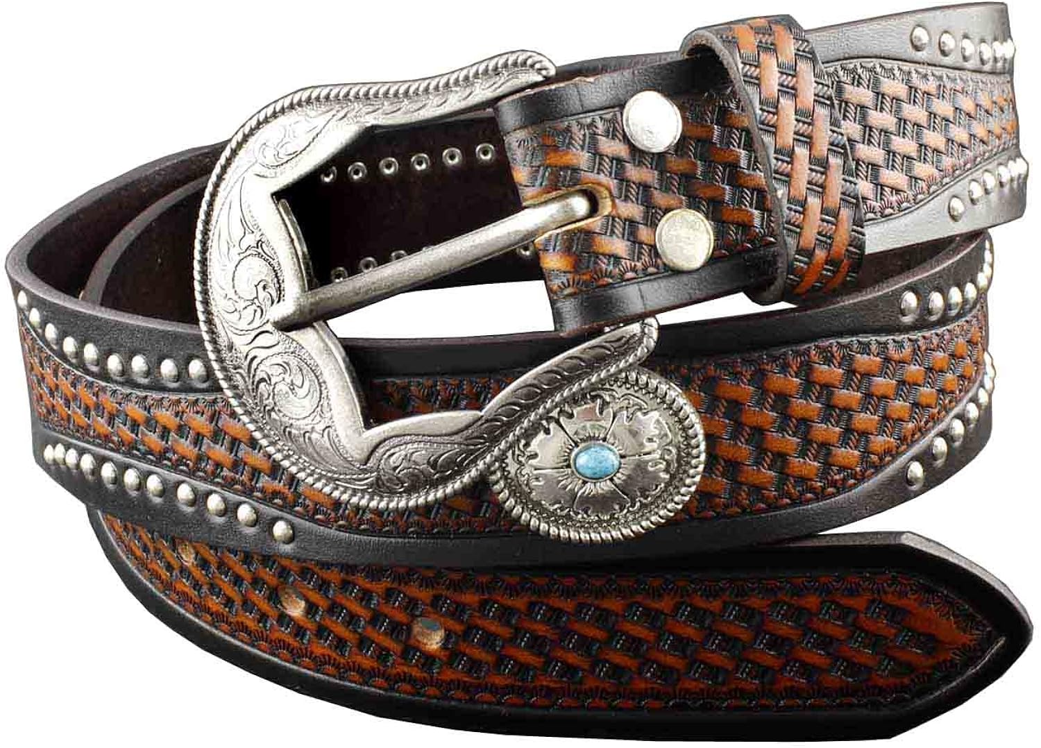 Western Cowboy Vintage Biker Tooled Turquoise Genuine Leather Belt For
