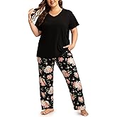MUKVIK Plus Size Pajamas for Women Set, Womens Short Sleeve Tops and Long Pants Soft Pjs Lounge Sets with Pockets