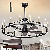 44" Wagon Wheel Chandelier with Fans, Black and Gold Wagon Wheel Ceiling Fan with 16-Light and Remote, Farmhouse Chandelier f