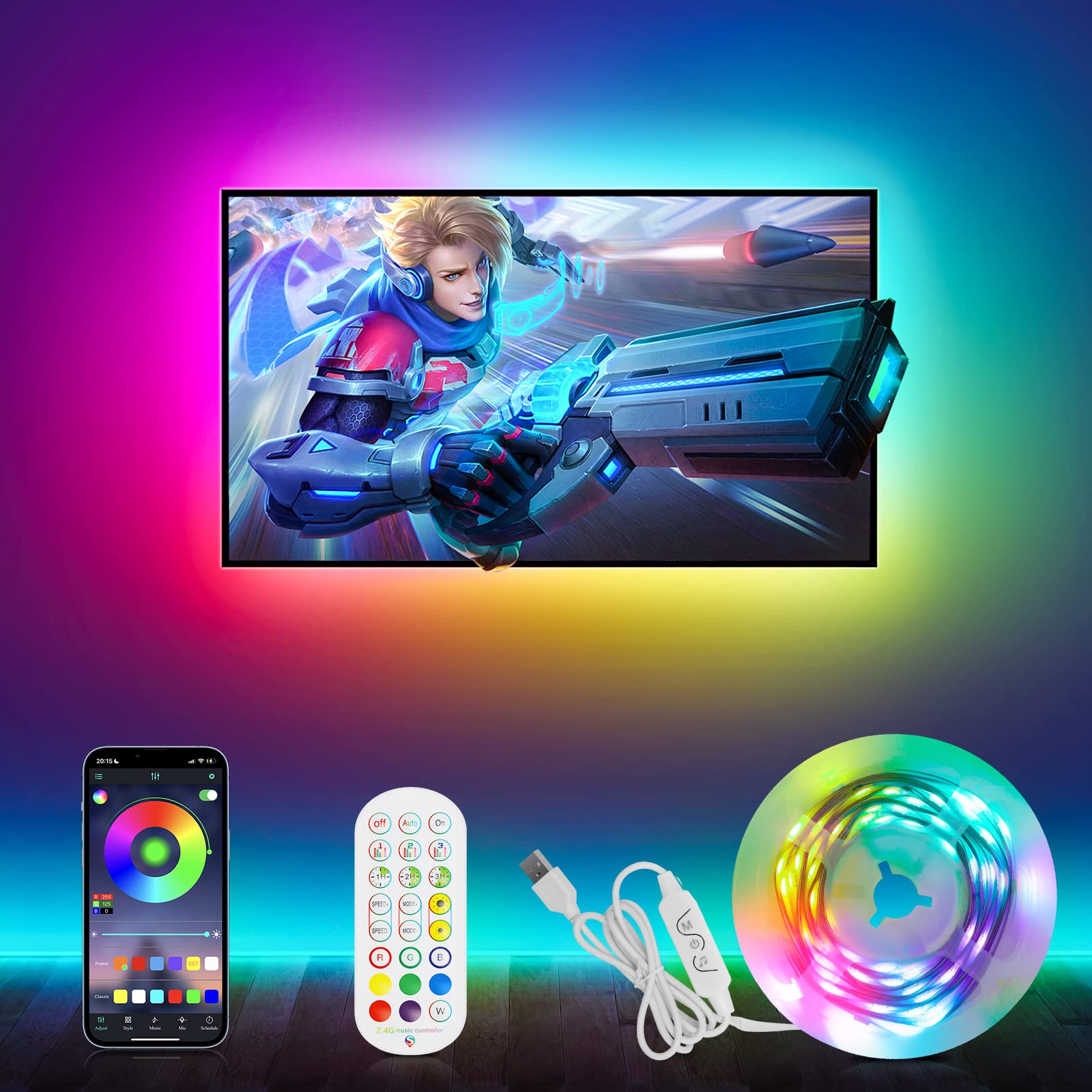 Auplf TV Led Lights, 4M RGBIC Strip for 45-75 Inch TV/PC Backlight Ambient Lighting Sync to Music Remote and Bluetooth APP Control for Led Bedroom, Party — image 1