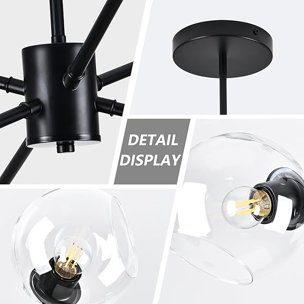 KOKO&YUKINA 6-LIGHT GLOBE SPUTNIK CHANDELIER MODERN BLACK SPUTNIK CHANDELIER MID CENTURY PENDANT LIGHT MATTE BLACK FINISHED WITH CLEAR GLOBE GLASS LAMPSHADE CHANDELIERS FOR DINING ROOM KITCHEN BEDROOM