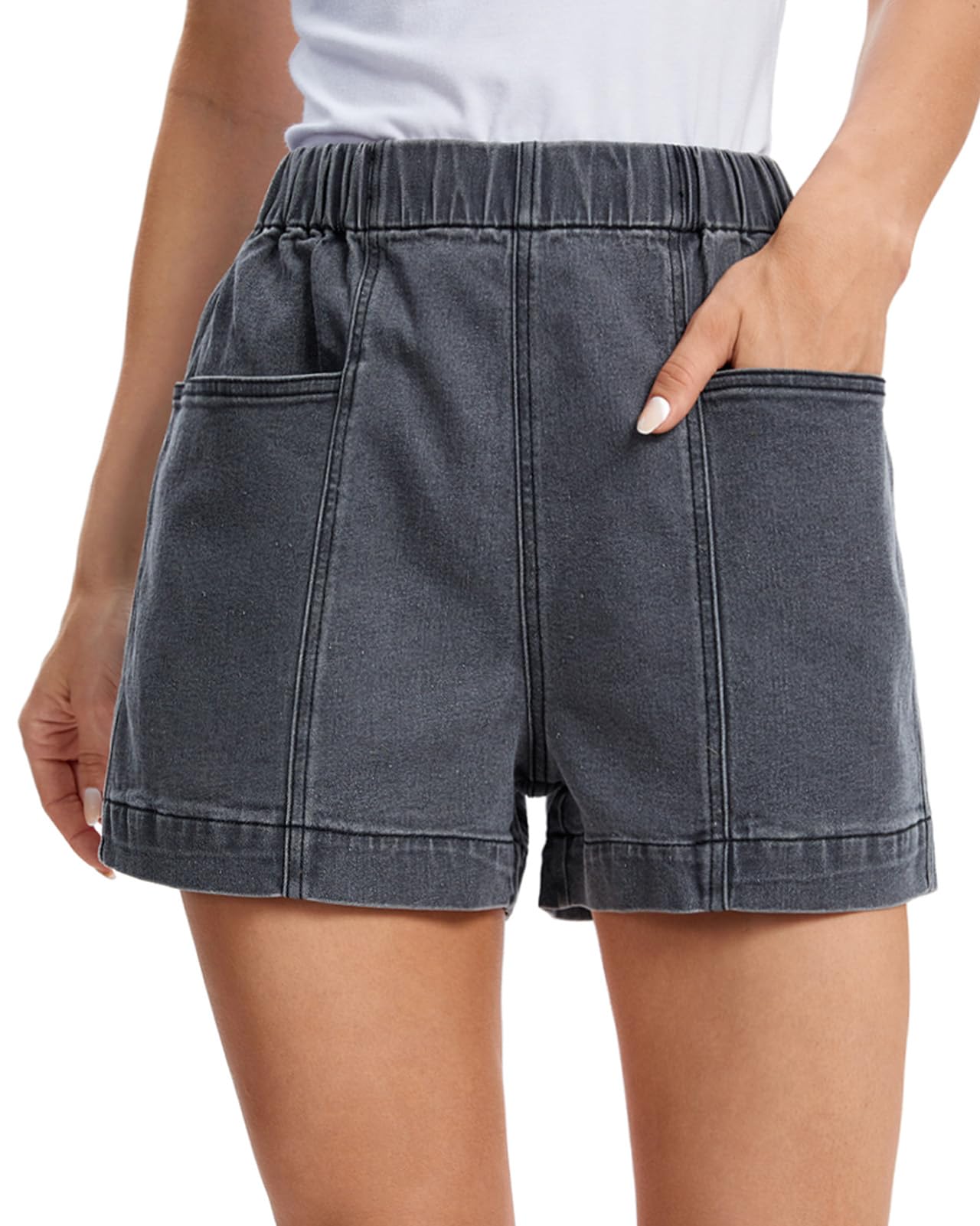 Fuinloth Women's Denim Shorts, Elastic Wasit Mid