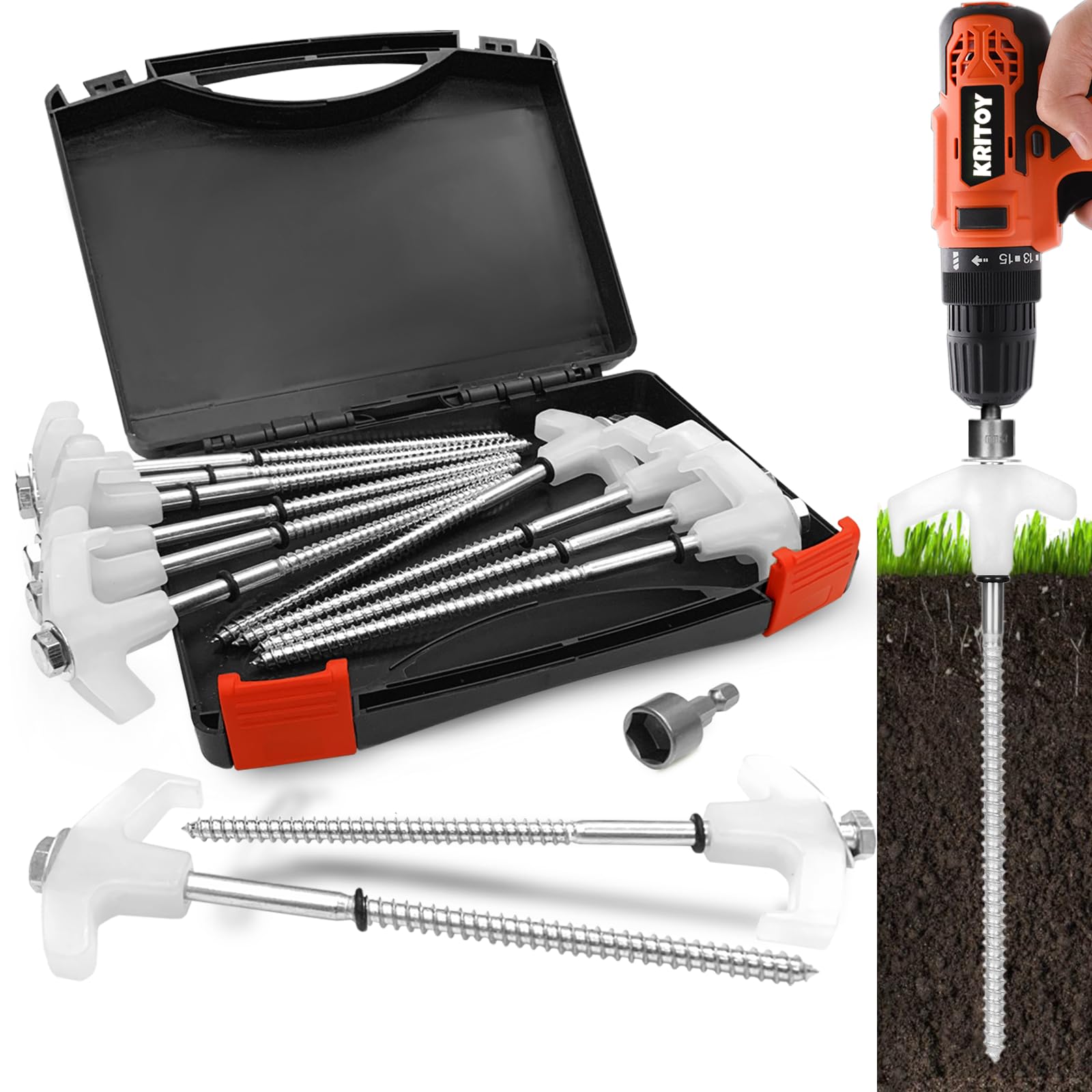 Photo 1 of 12 Pack Tent Stakes Heavy Duty - 8" Ground Anchors Screw in - Camping Stakes with Grow in The Dark Heads - Metal Threaded Tent Spikes with Hex Head Driver and Storage Box