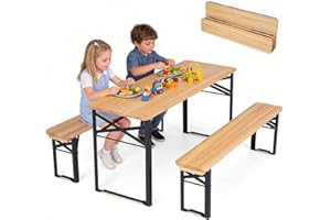 HONEY JOY Kids Picnic Table, 43.5 Inch Folding Toddler Outdoor Table & 2 Benches, Fir Wood Top & Metal Frame, No Assembly, Po