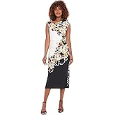 London Times Women's Cap Sleeve Ruched Side Detail Round Neck Below Knee Evening Cocktail Dress