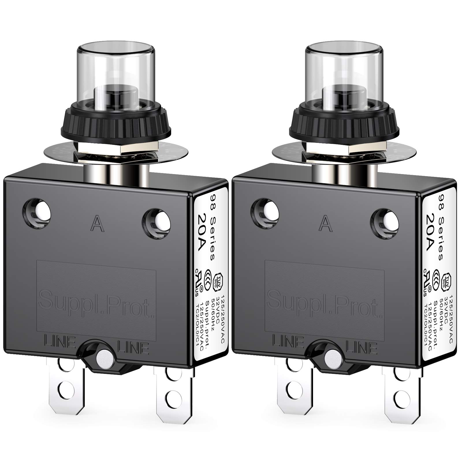 CLDIY Thermal Circuit Breaker 98 Series 20A 125/250VAC Push Button Reset for Circuit Breaker with Quick Connect Terminals and Waterproof Button Cover 32VDC Pack of 2