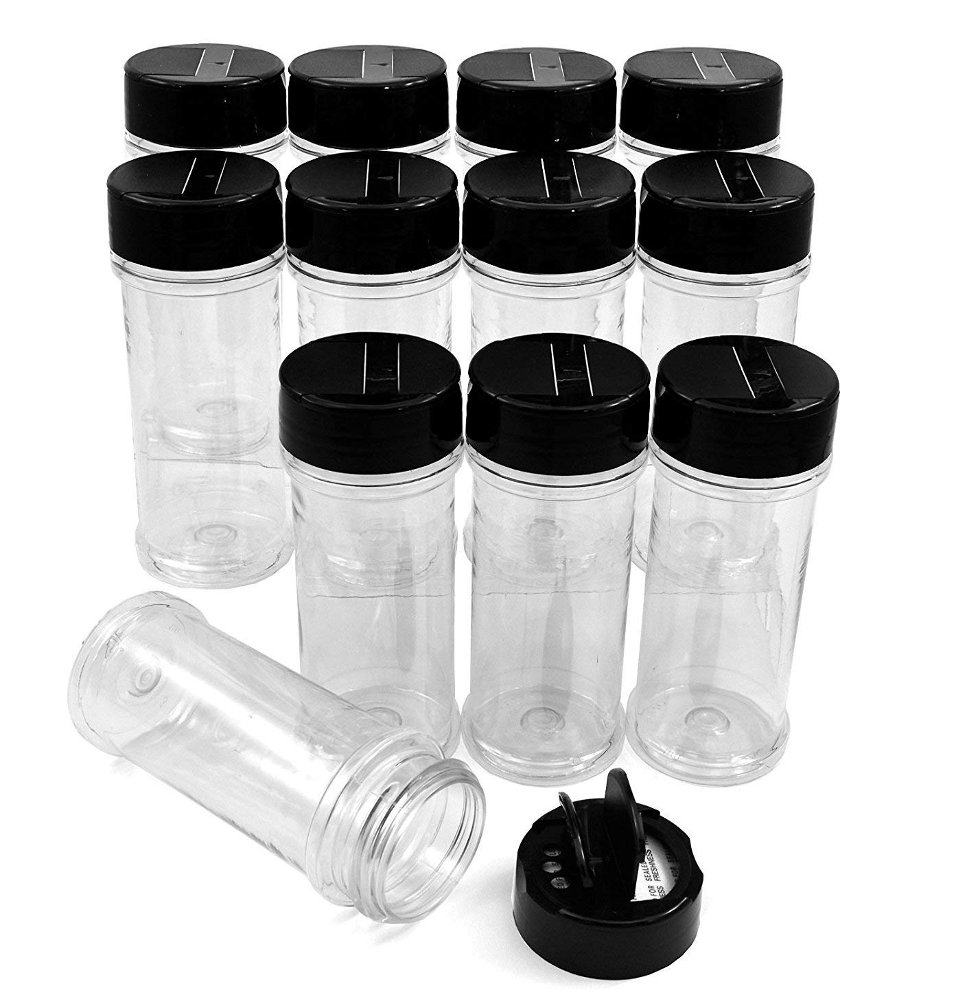 SALUSWARE - 12 PACK - 5.5 Oz with Black Cap - Plastic Spice Jars Bottles Containers – Perfect for Storing Spice, Herbs and Powders – Lined Cap - Safe Plastic – PET - BPA free - Made in the USA