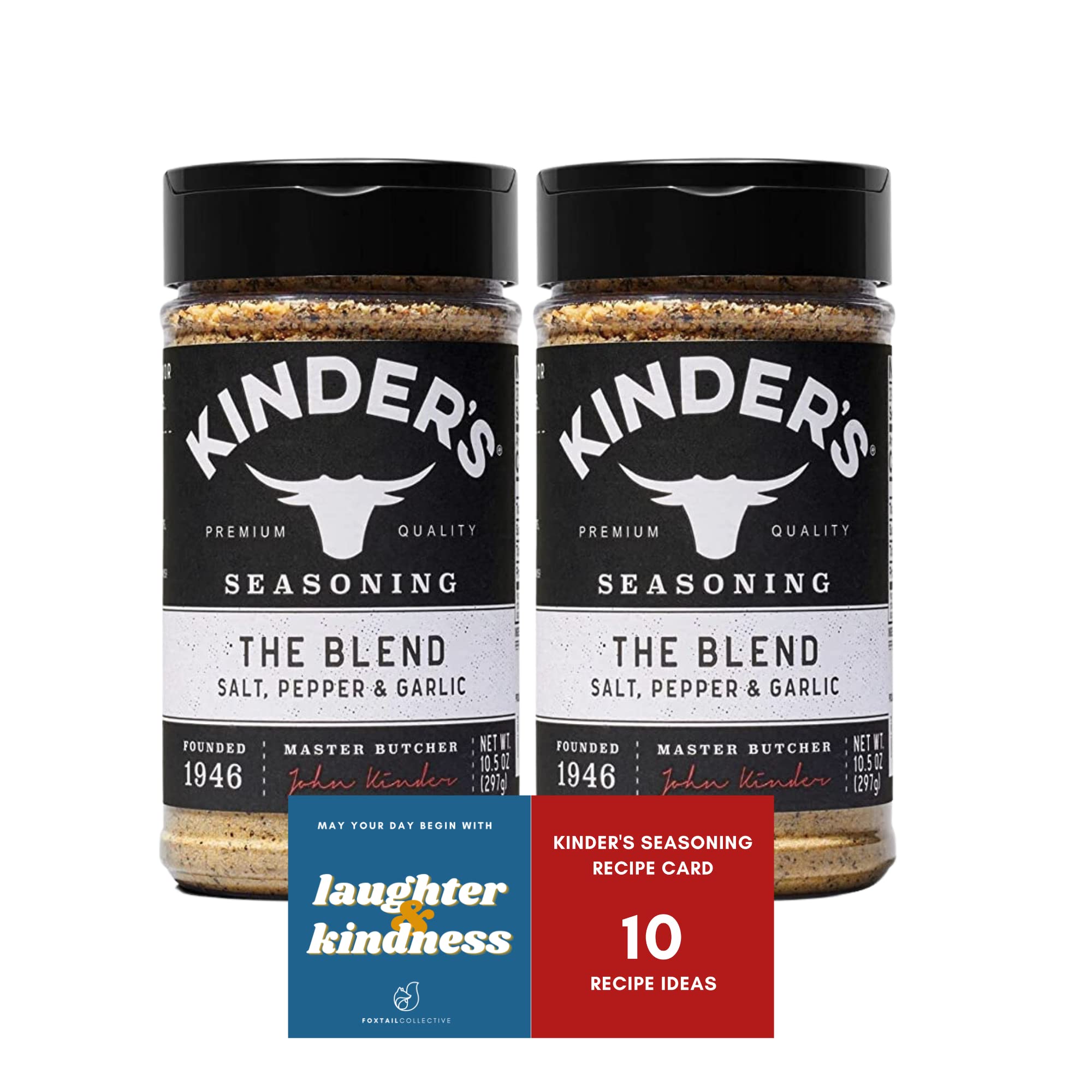Photo 1 of exp date 05/2027--Kinders The Blend Seasonings Bundle - Two XL 10.5-ounce Bottles + 10 Recipe Ideas + Fridge Decal, Great for Grilling Meats & More (Garlic Salt, Pepper, No MSG) from FOXTAIL COLLECTIVE. Gluten-Free & Non-GMO