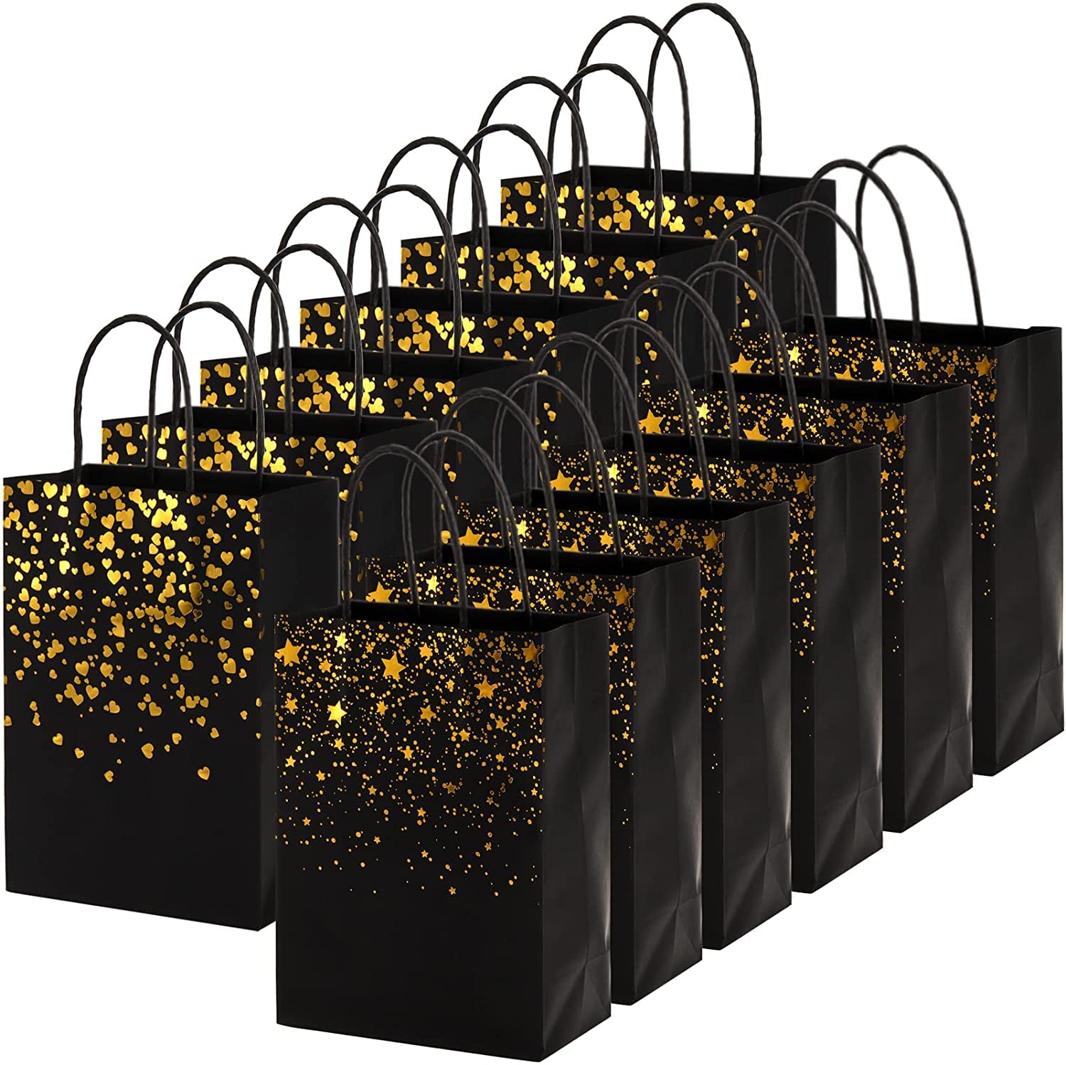 WUWEOT 60 Pack Paper Gift Bags, 21 x 15 x 8 cm Black Gold Gift Bag Shopping Bags Bulk Kraft Paper Bag Party Favor Bags for Wedding Birthday Easter Mother's Day