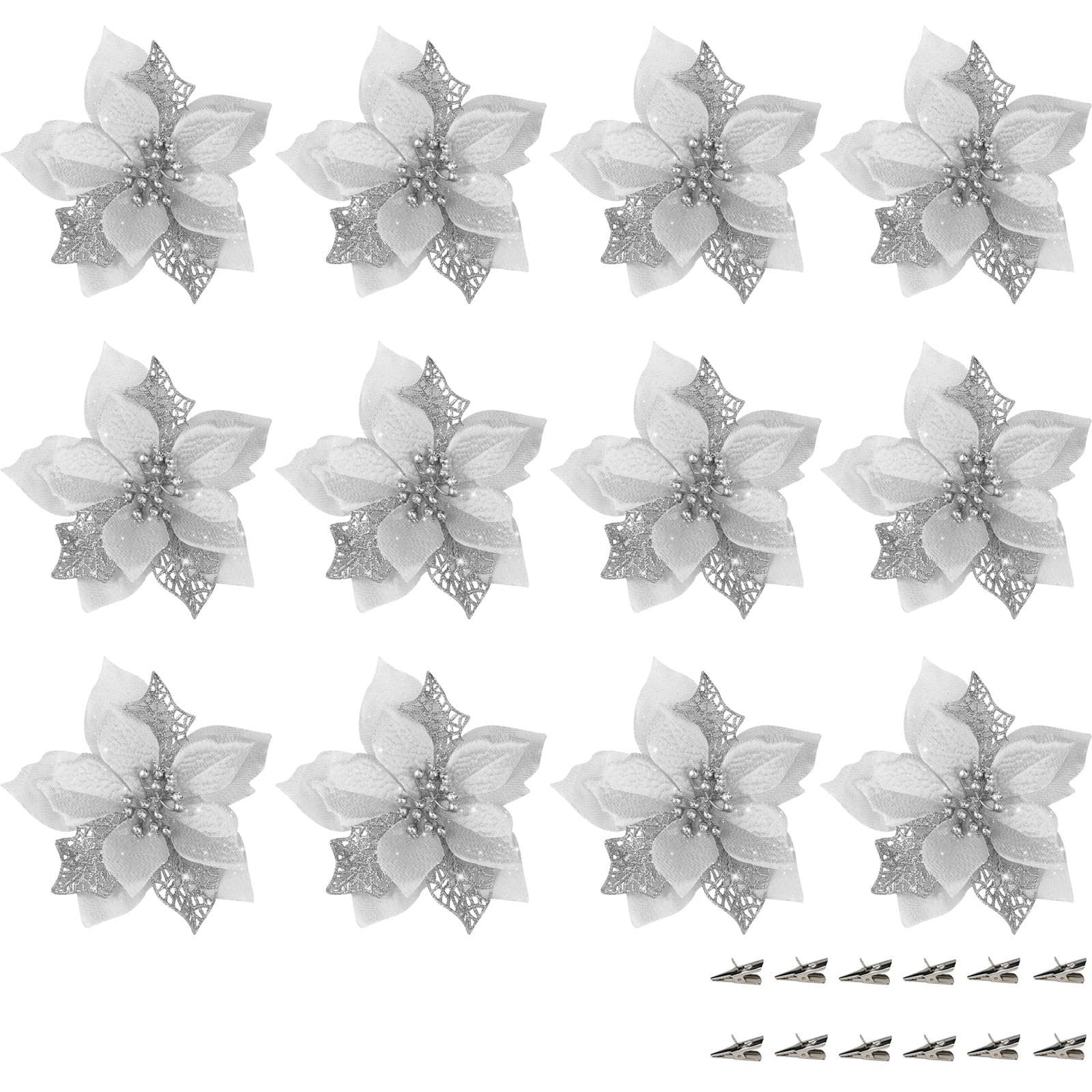SUNTRADE 22CM Glitter Poinsettia Artificial Flowers, Christmas Tree Decorations with Clips,12-Pack (Silver)