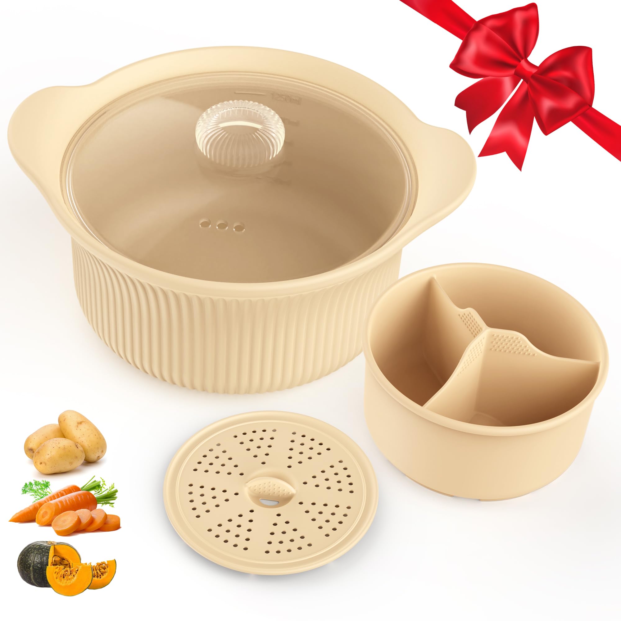 Photo 1 of 42oz Microwave Silicone Steamer 3 Compartmented, 4 in 1 Large Microwave Pot with Handle & Lid for Vegetables/Baby Food, Oven & Dishwasher Safe, Easy Clean, 100% Food Grade Steamer Cooker(Beige)