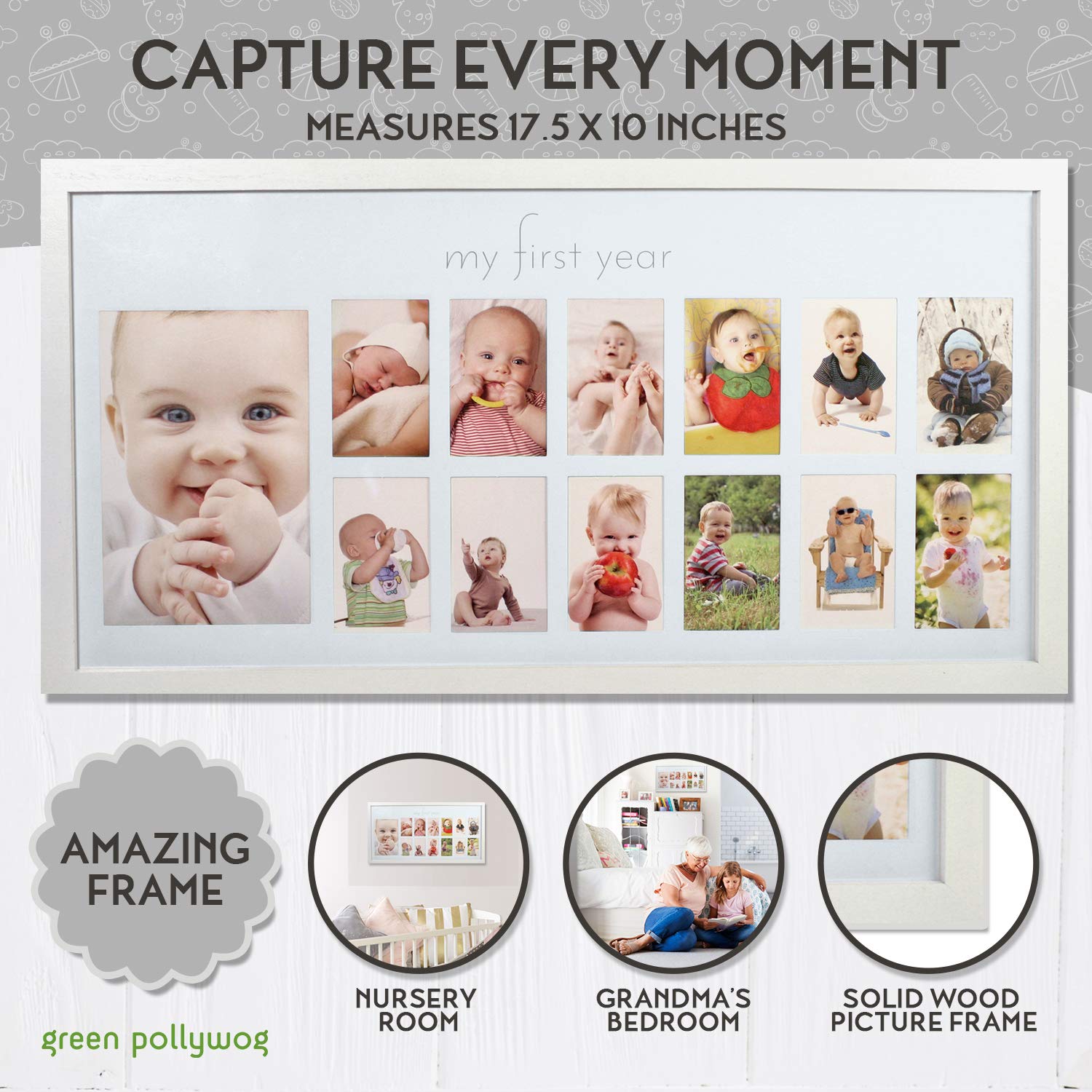 Baby's First Year Frame in Elegant White Natural Wood - My First Year Baby Picture Frame for Photo Memories (White) : Baby
